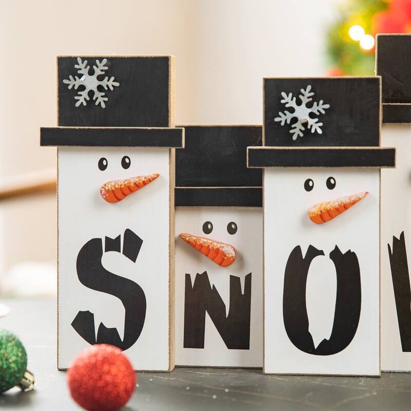 Glitzhome 11.7"L Wooden Christmas Snowman Family Table Decor