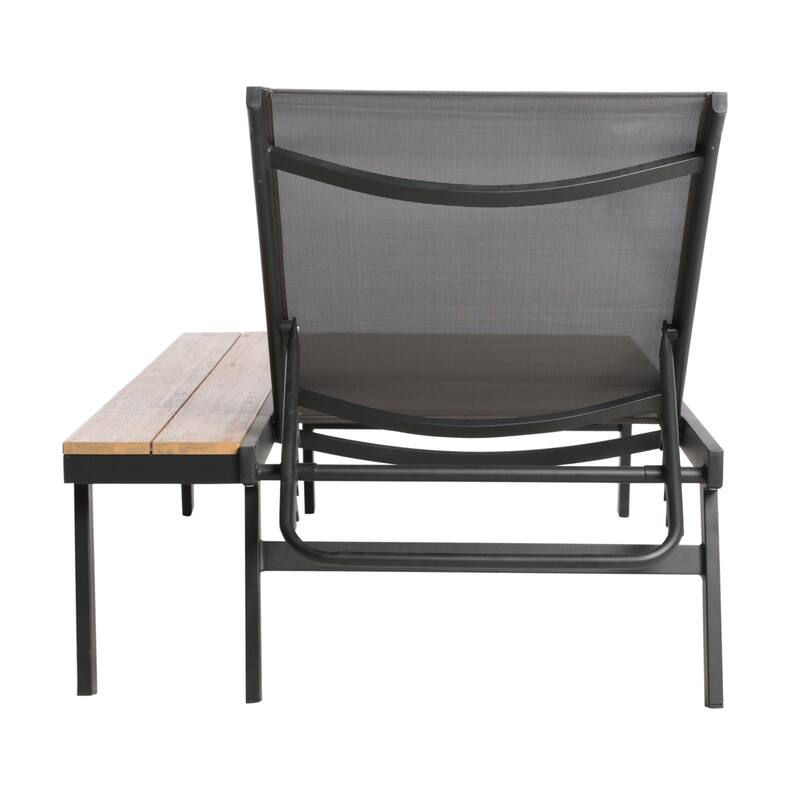 2 Piece Outdoor Chaise Lounges Set Mesh Seats with Adjustable Backrest and Attached Wood Side Table