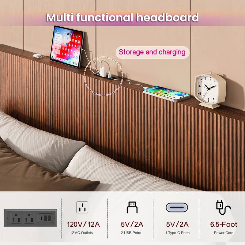 King Floating Bed Frame with LED Lights and Charging Station, Wavy Headboard, No Box Spring Needed