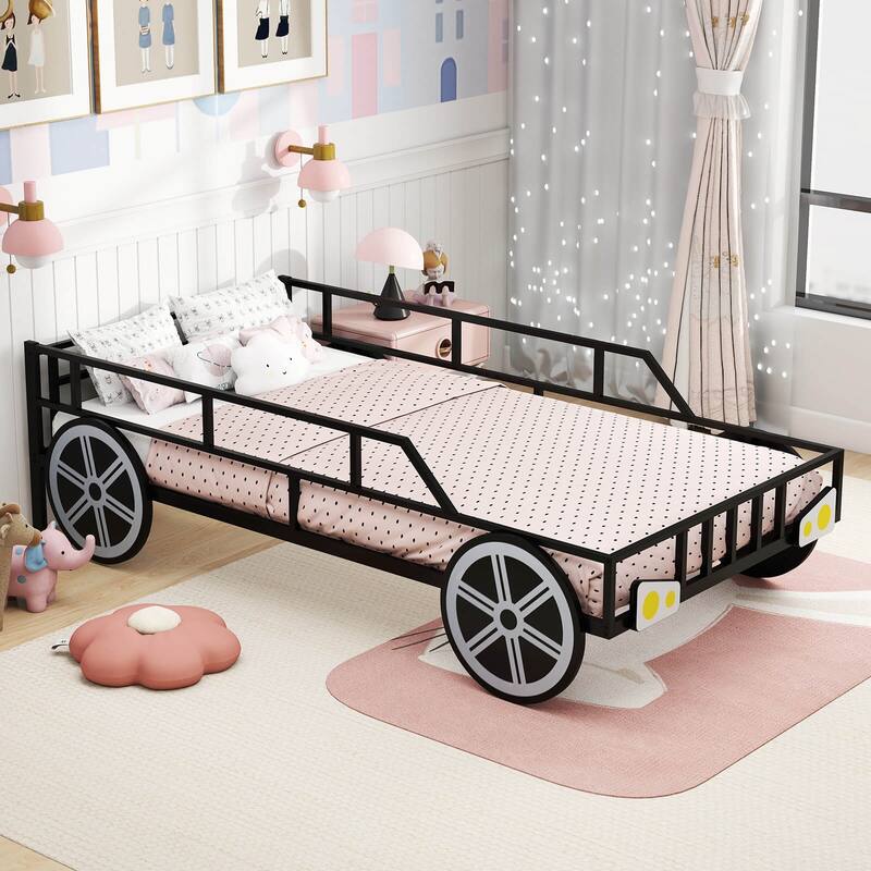 Costway Twin Car-Shaped Metal Bed Frame with Wheels Decorations Safety