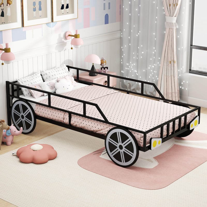 Twin Metal Bed Frames Toddler Race Car-Shaped Bed Platform w/Wheels