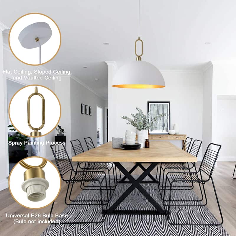 1-Light Industrial Metal Dome Pendant with Golden Ring Accent