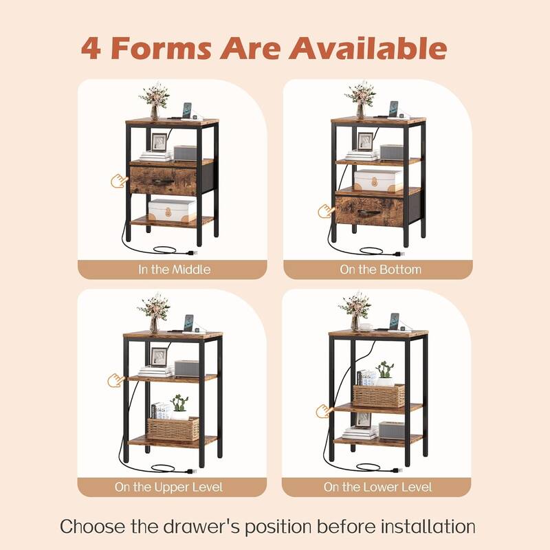 Nightstand Set of 2 Or 1 with Charging Station and USB Ports, Storage End Table with Fabric Drawer, Night Stand for Small Spaces