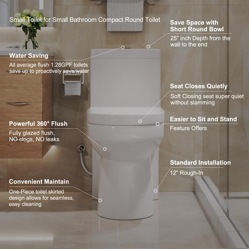 HOROW One-piece 0.8/1.28 GPF Dual Flush Round Toilet in White Seat Included -- 12" Rough in