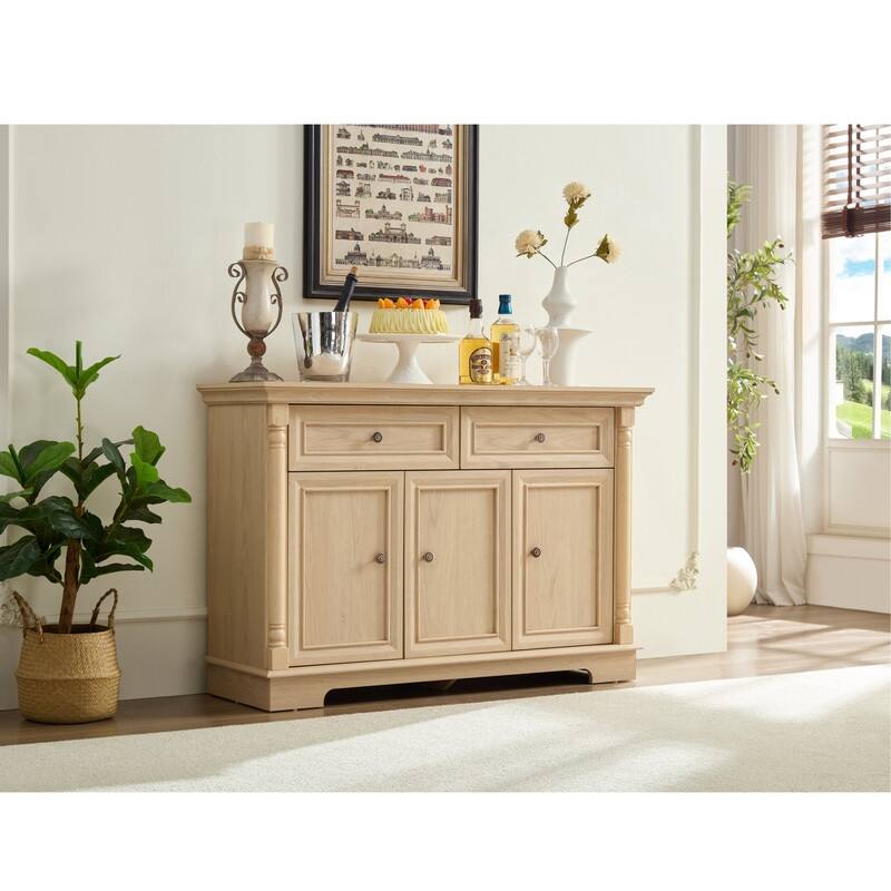 Farmhouse Roman Column Cabinet‌ – Wooden Storage Unit with Drawers & Doors, Coffee Bar & Wine Cooler for Kitchen or Hallway