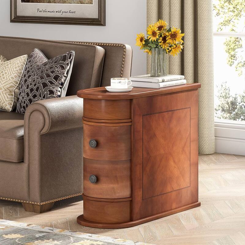 Wood End Table, Slim Sofa Side Table with Storage