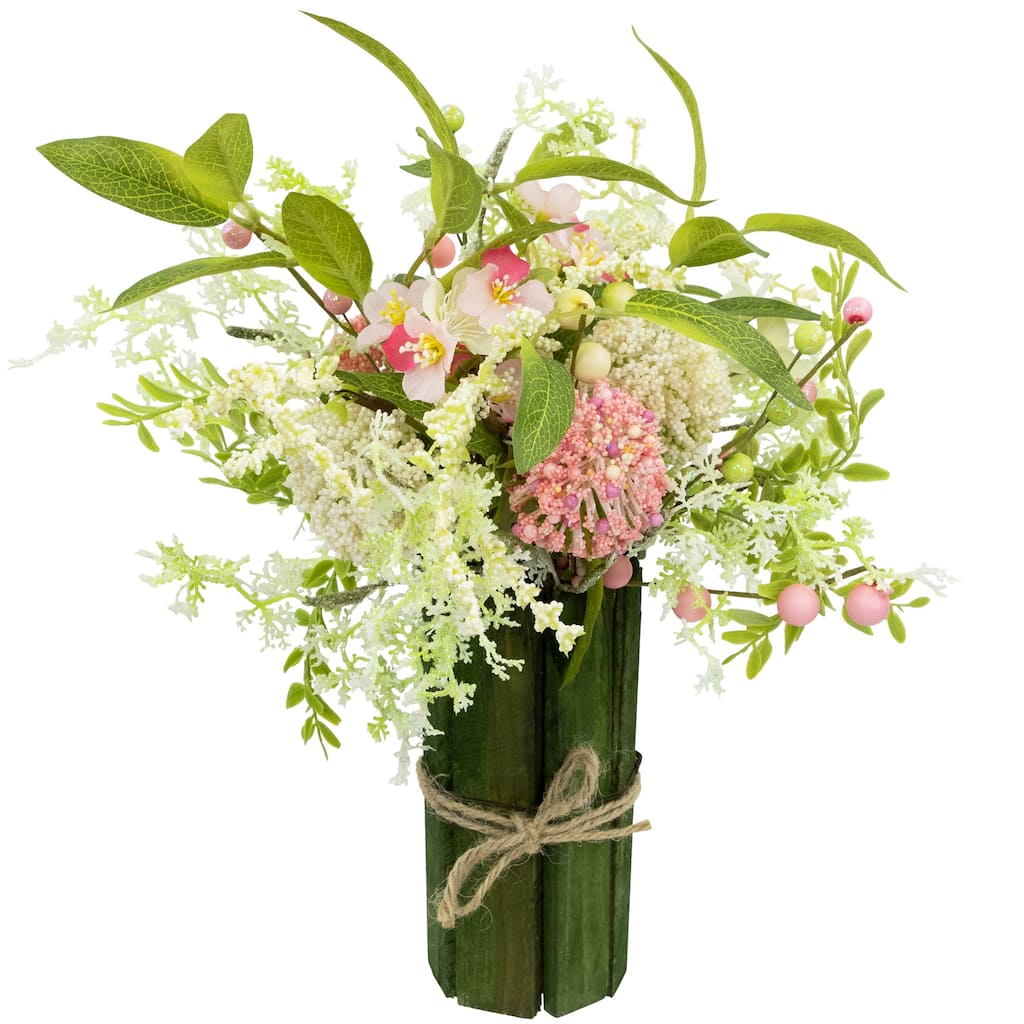 Hydrangea and Berry Floral Spring Bouquet - 14" - Pink and Green