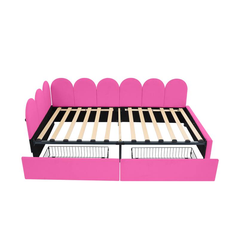 L-Shape Garden Backrest Daybed, Velvet Upholstered Sofabed with 2 Drawers, Soft Fabric Headboard Platform Bed Frame