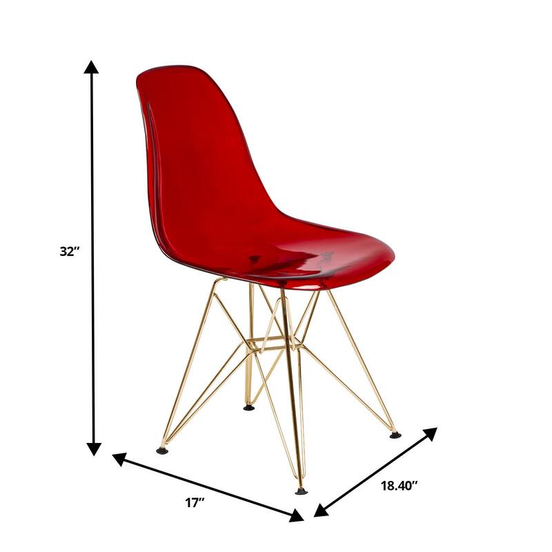 Cresco Modern Ergonomic Acrylic Dining Side Chair with Eiffel Design Base and Hand-Brushed Gold Metal Legs Set of 2