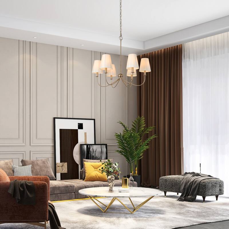 Mid-Century Modern Gold 6-Light Wheel Chandelier with Fabric Shade for Dining Room - 27" D x 24.5" H
