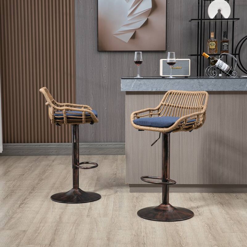 360° Swivel Bar Stools Set of 2, Adjustable Counter Height Chairs with Footrest, Rattan Bar Chairs with Cushions