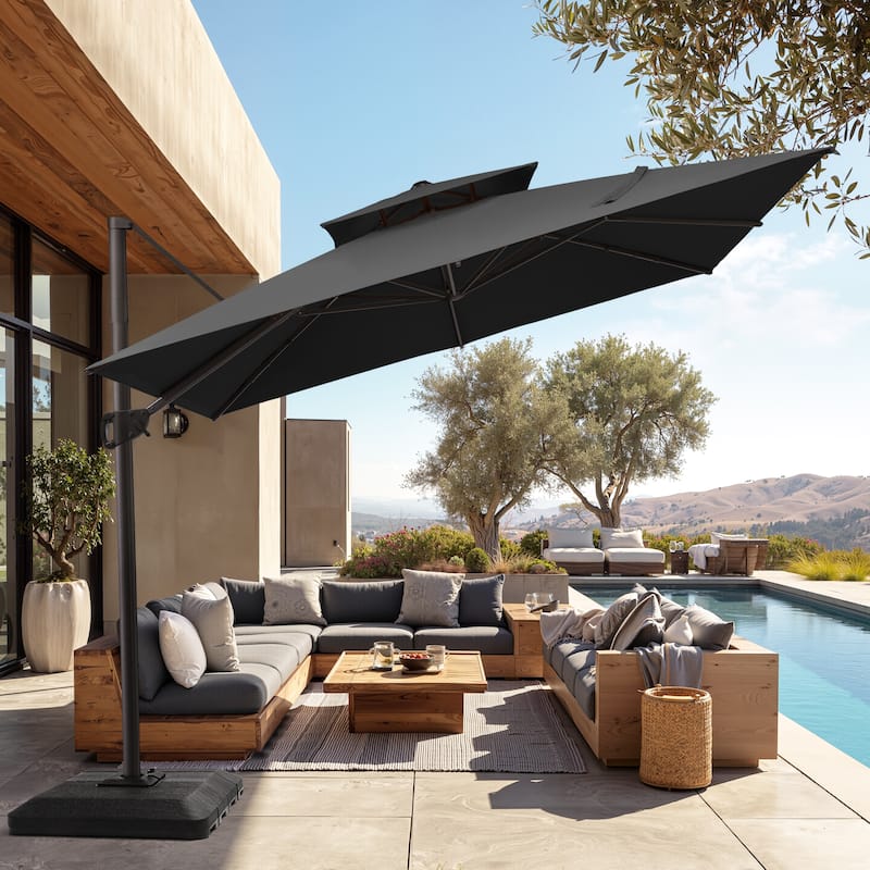 Pellebant 11 ft Patio Cantilever Offset Umbrella Double Top with Base