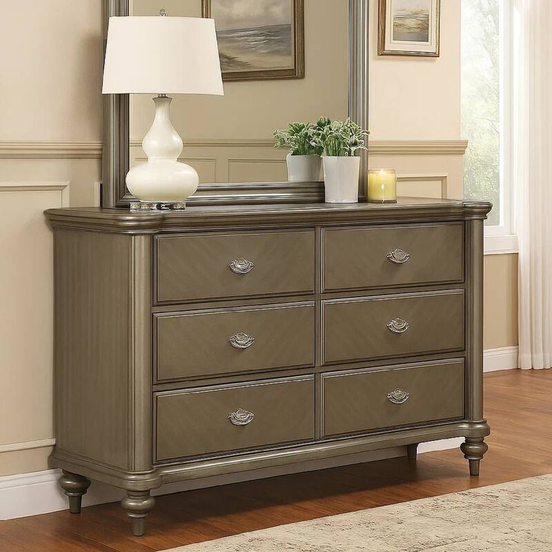 Ada 64 Inch Classic 6 Drawer Dresser, Pine Wood, Chevron Pattern, Brown