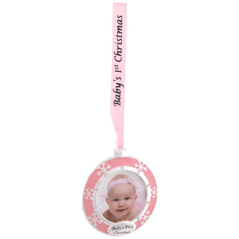 3" Pink Silver-Plated Baby's First Christmas Photo Ornament