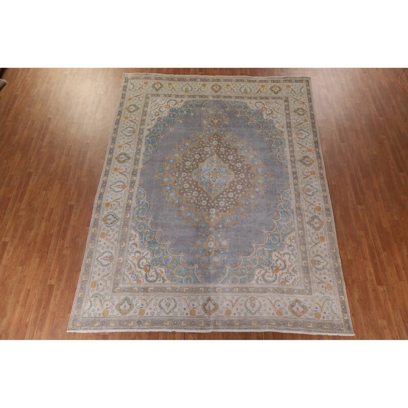 Hand Knotted Oriental 100% Wool Carpet Traditional Medallion Greys & Charcoal Tabriz Area Rug - 12' 8'' X 9' 6''