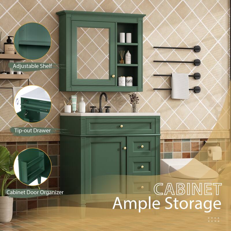 GDFStudio - Montvale Modern Freestanding Bathroom Vanity Set with Mirror Cabinet, Resin Sink & a Tip-out Drawer - 30'W