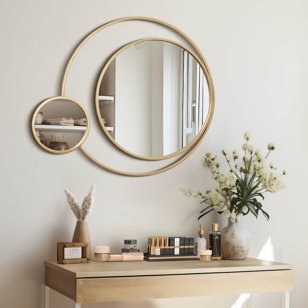 Orbit Modern Gold Metal Frame Round Wall Mirror - 25.6" H x 31.5" W x 0.79" D