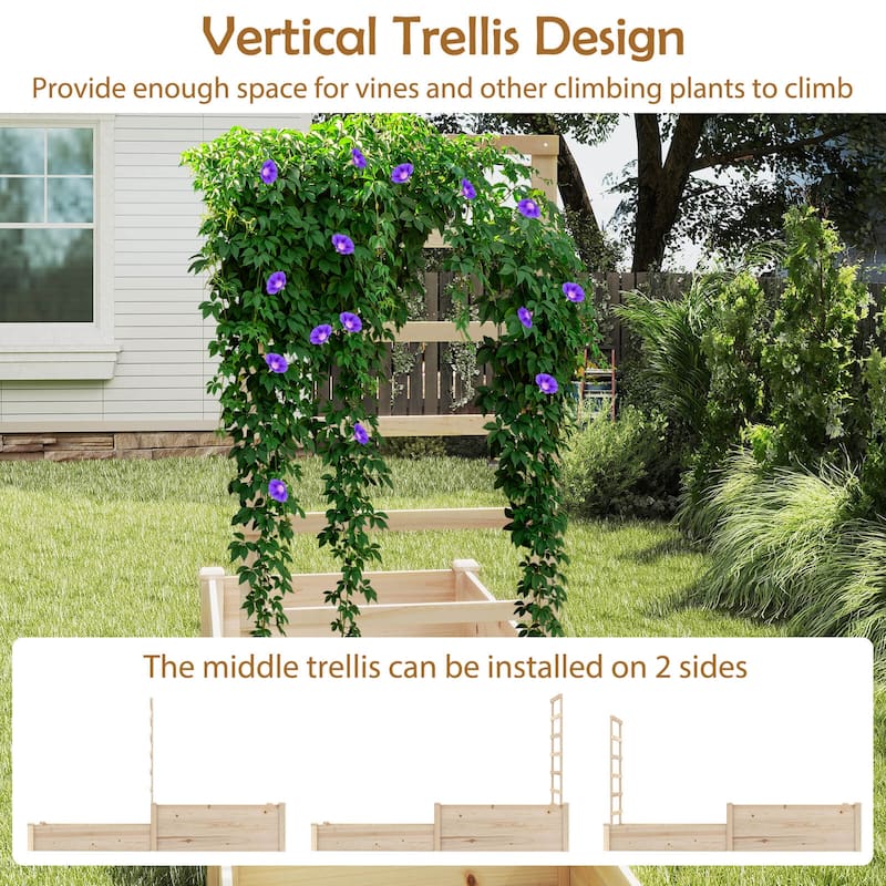 Costway 87" Raised Garden Bed with Trellis 2 Planter Boxes Open-ended - Natural - See Details