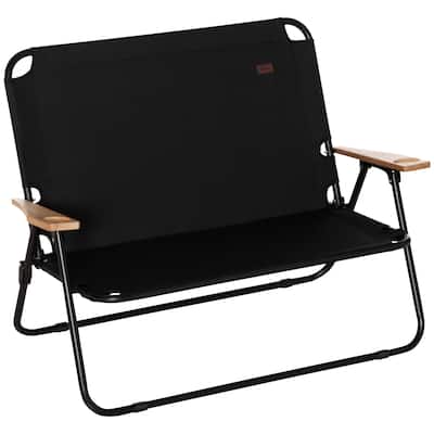 Double Folding Camping Chair, Portable Camping Couch with Wood Armrest & Cup Holders, for Backpacking, Beach, Sports Travel