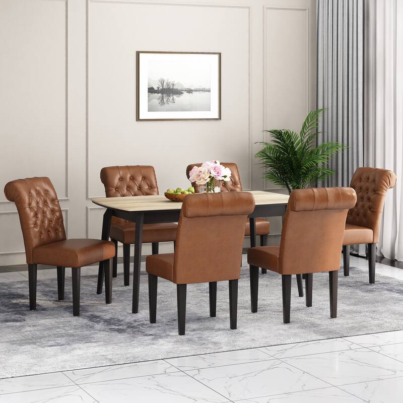 Elwood Tufted Rolltop Dining Chairs (Set of 6) by Christopher Knight Home - Matte Black/ Cognac/ Faux Leather