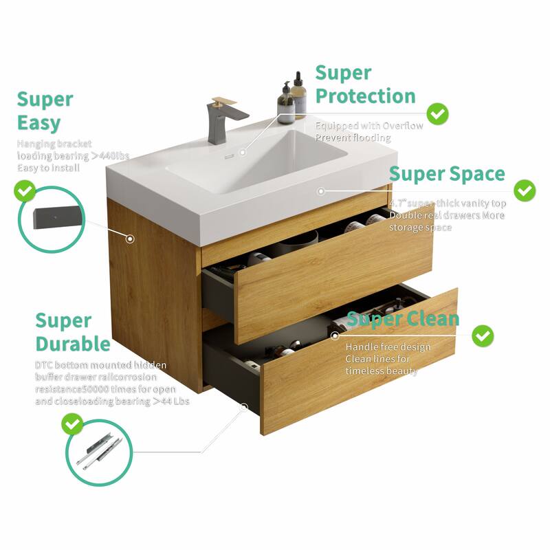 Wall-Mounted Bathroom Vanity with Solid Surface Integrated White Sink, Natural Oak Finish, Maximized Storage Drawers
