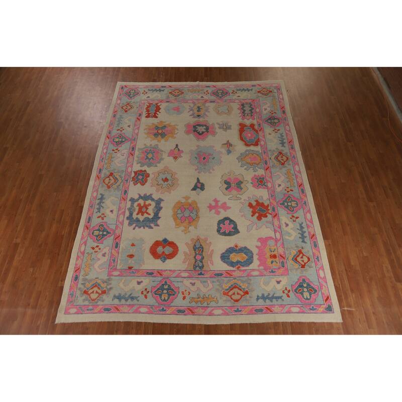 Hand Knotted Oriental 100% Wool Carpet Transitional All-Over Beige & Ivories Oushak Area Rug - 12' 3'' X 9' 3''