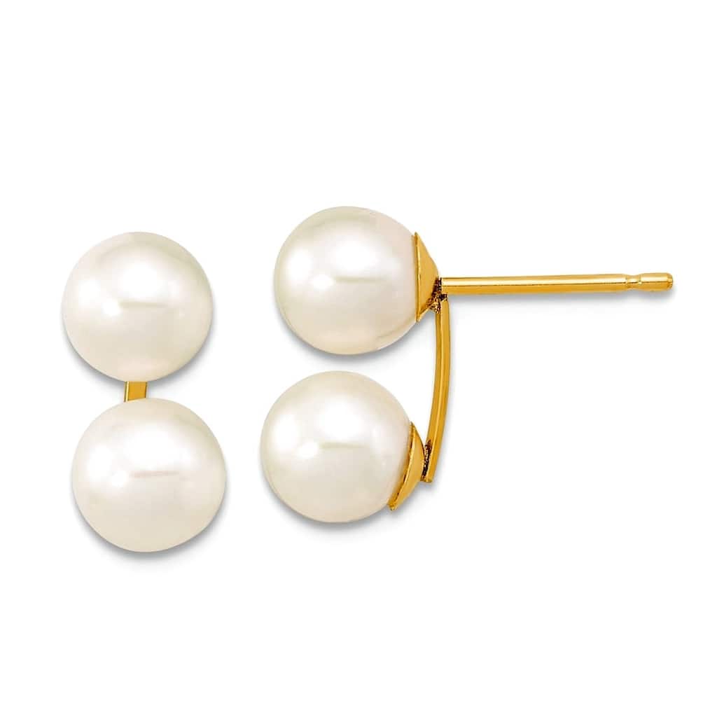 Curata 10k or 14k Yellow Gold 6-7mm White Round Freshwater Cultured Double Pearl Post Earrings