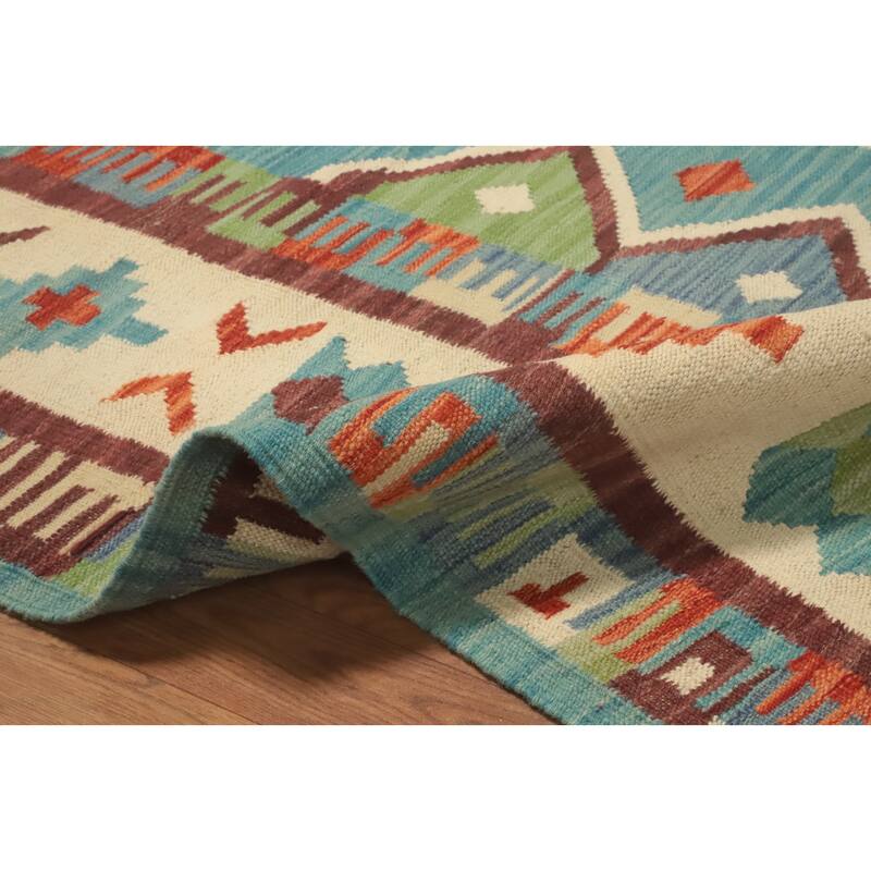 Hand Woven Oriental 100% Wool Carpet Southwestern Tribal Navy Blue & Blues Kilim Area Rug - 7' 0'' X 5' 1''