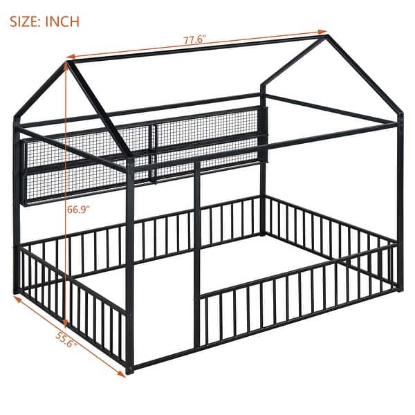 Full Size Metal House Bed Frame with Built-In Shelves and Fence, Space Saving Design