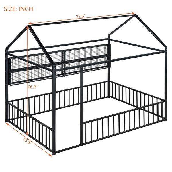 dimension image slide 2 of 3, Superior Quality Metal House Bed Frame with Convenient Storage Space, Fence and Shelves, Full Size