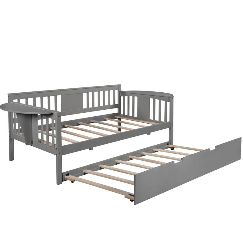 Twin Size Daybed with Twin Trundle, Wood Sofa Bed with Hand Rest, Solid Wood Slats Support