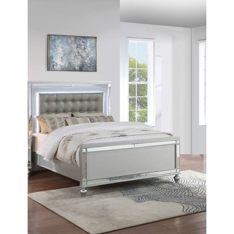 Contemporary Style 1pc Bed Set Button Tufted Headboard Glass Panel Silver Finish