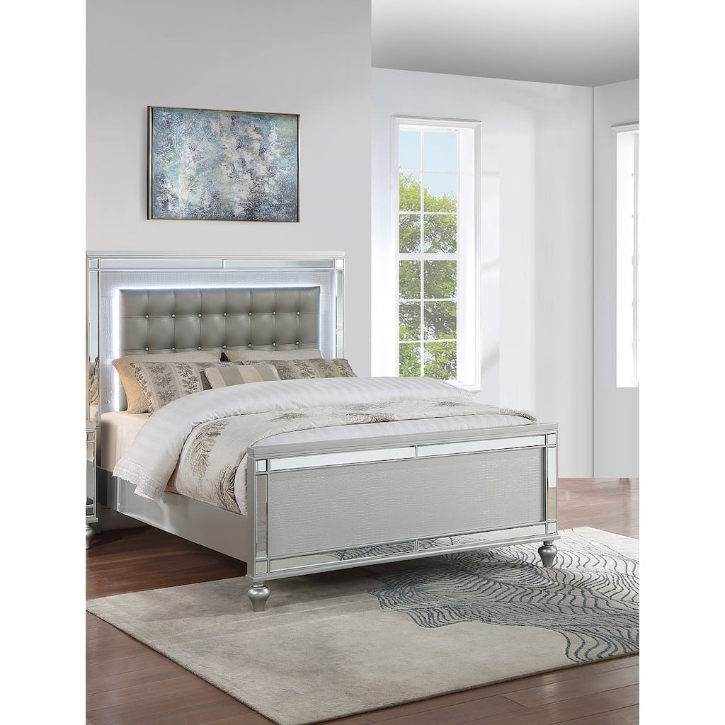 Contemporary Style 1pc Bed Set Button Tufted Headboard Glass Panel Silver Finish