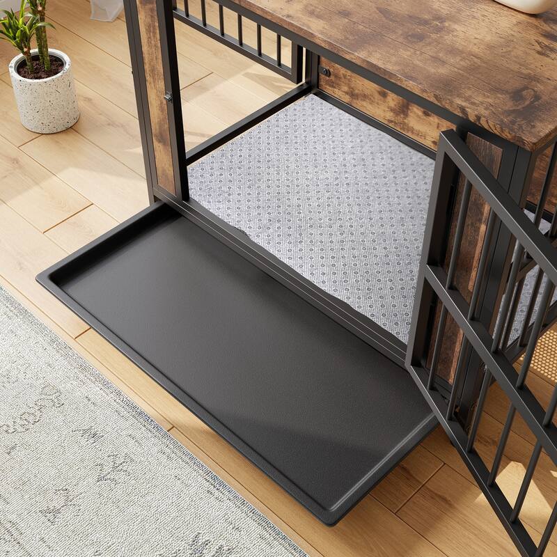 Dog Crate Furniture,Wooden Dog Crate Table,32.8" Dog Kennel with 2 Sliding Doors and Thick Iron Door Frame,for Medium/Small Dog