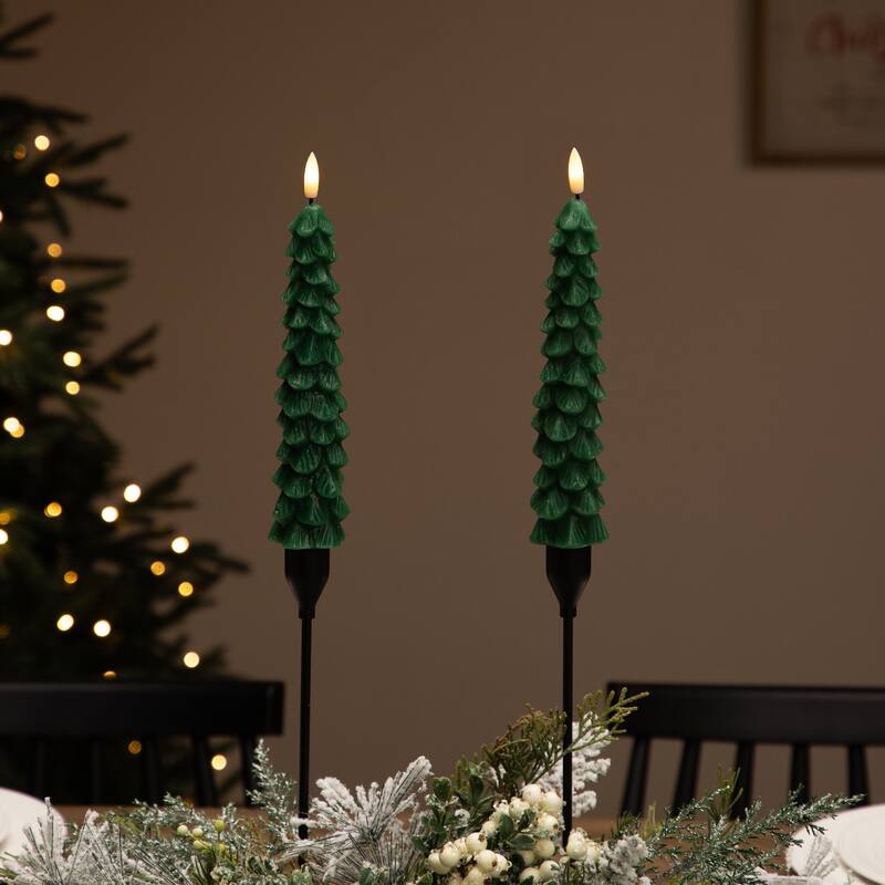 Flickering LED Flameless Wax Tapered Christmas Tree Candles - 9.75" - Green - Set of 2