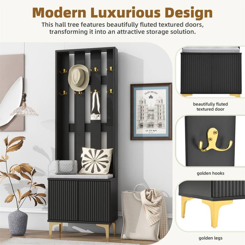 Luxury 4-in-1 Hall Tree with Shoe Bench and Cushion, Versatile Coat Rack with 8 Gold Hooks, Entryway Bench w/ Adjustable Shelves