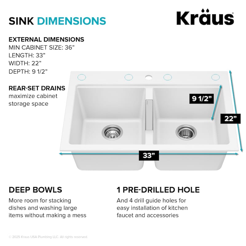 KRAUS Granite 33 inch 2-Bowl Undermount Drop-in Kitchen Sink