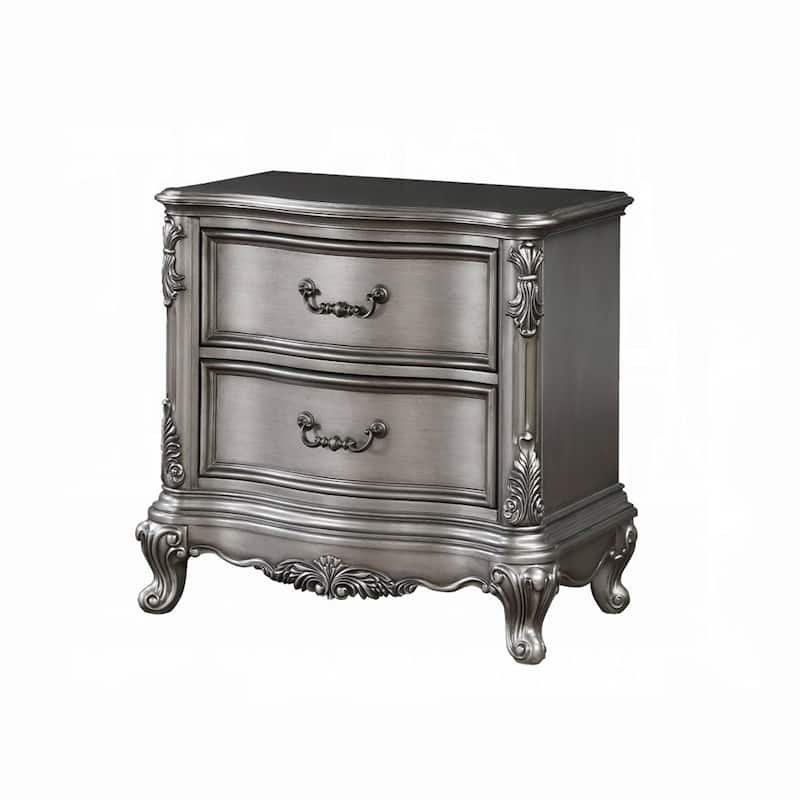 Wooden Nightstand with 2 Drawers in Antique Platinum Finish