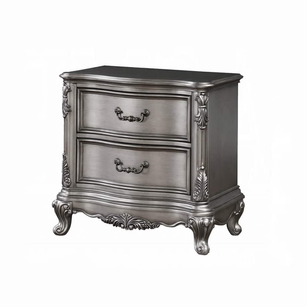 Wooden Nightstand with 2 Drawers in Antique Platinum Finish