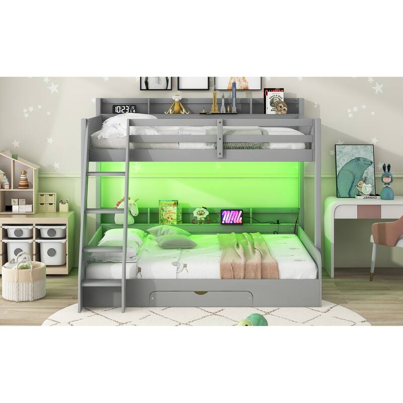 Twin/Full Bunk Bed with Storage - Includes LED Lights, Charging Station & Drawers, Ideal for Kids' Rooms & Guest Spaces
