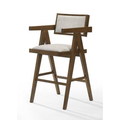 26 Inch Walnut Counter Stool Chair Set of 2, Soft Beige Fabric Upholstery