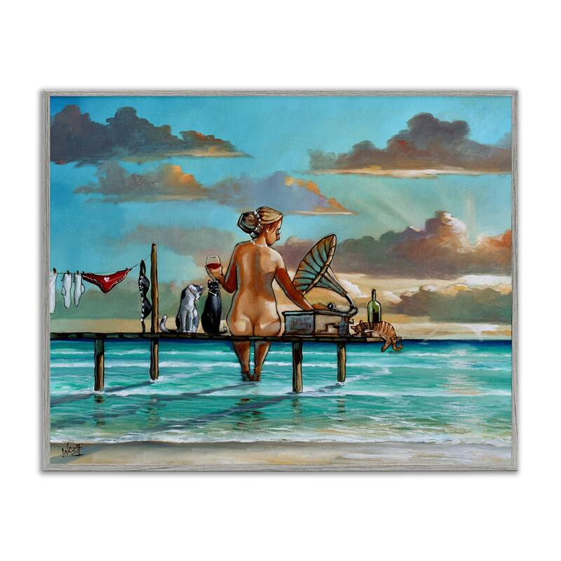 Stupell Woman & Cats Beach Sunset Framed Giclee Art Design By Ronald West - 14 x 11 - Grey