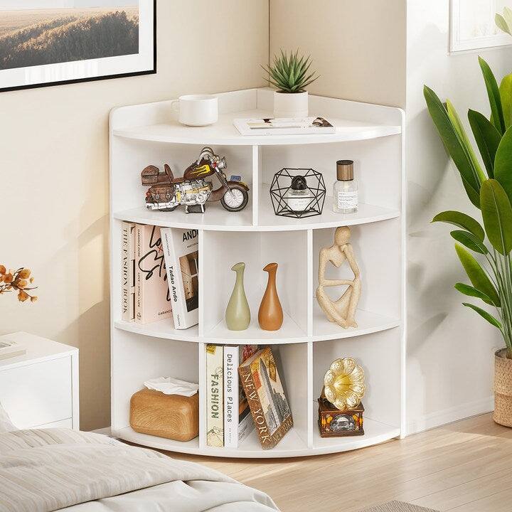 VECELO Corner Cabinet with Charging Station or No Charging Station 3-Tier Bookcase Storage Organizer Triangle Corner Bookcases - NO Charging Station - White