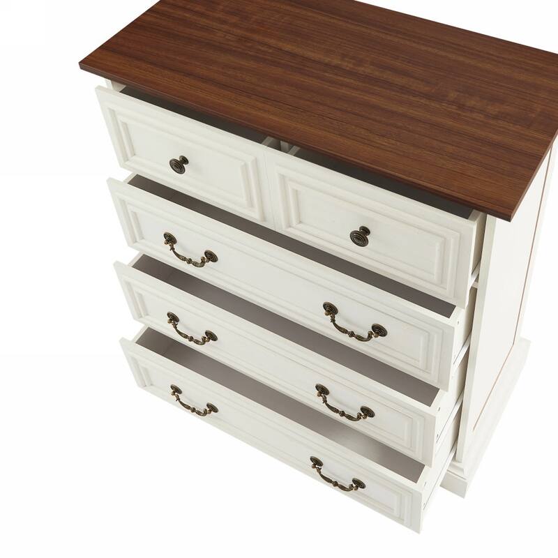5-Drawer White Rustic Wide Dresser Farmhouse & Modern Design with Roman Column Handles and Beveled Edges