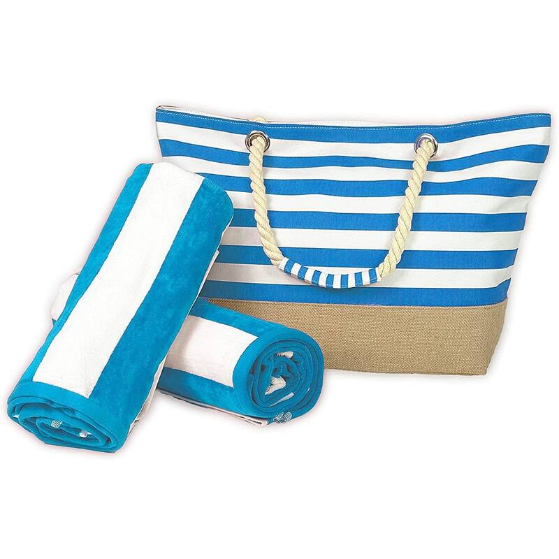 3 Piece Set Cabana Stripe, Two Beach Towel Set 32 x 62 Plus a Striped Beach Bag - Turquoise