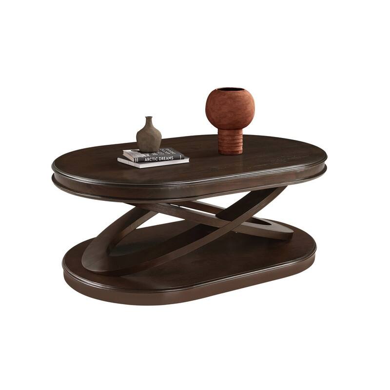 Solid Wood Oval Coffee Table with X-Shaped Base for Living Room Use