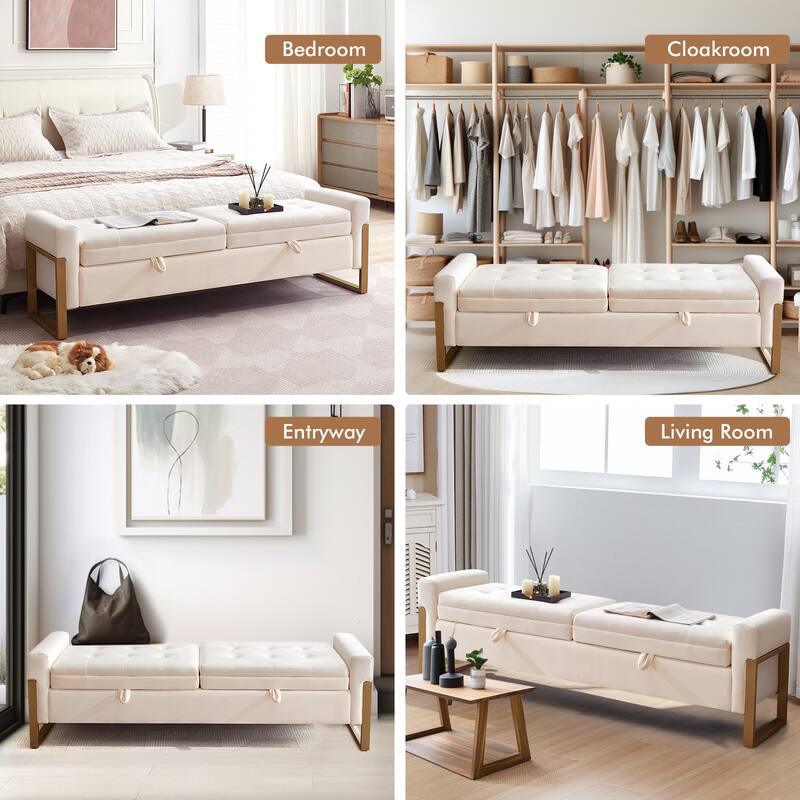 66" Storage Bench King Size End of Bed with Double Lids and Gold Legs