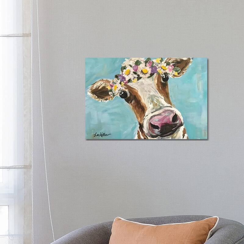 iCanvas "Cow With Flower Crown On Turquoise" by Hippie Hound Studios Canvas Print - 18x26x1.5