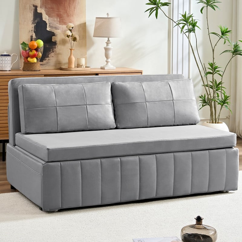 Mixoy Modern 62''Pull Out Sofa Bed,3-in-1 Pull Out Leathaire Fabric Sleeper Sofa Couch,Chaise Lounge,living room furniture