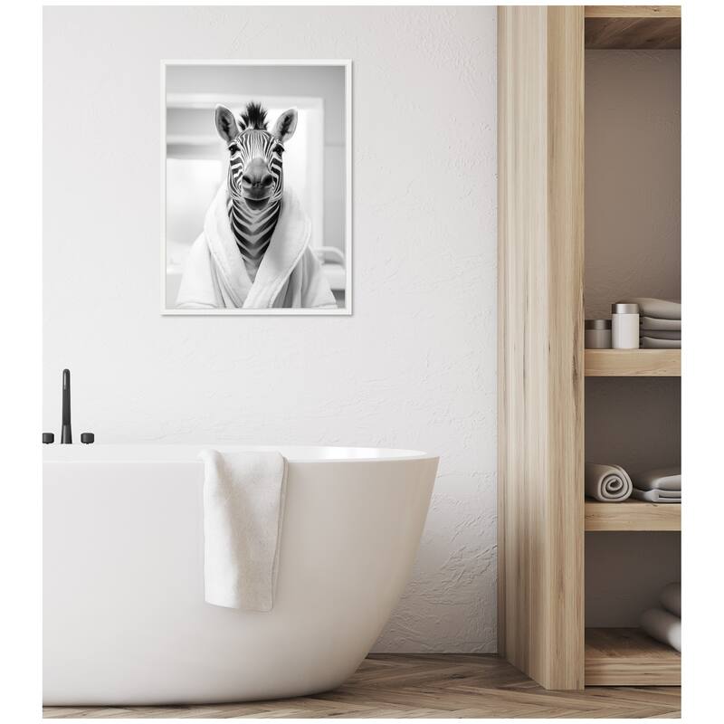 Kate and Laurel Sylvie Zebra Bathroom Art Towel Robe Black and White Framed Canvas by The Creative Bunch Studio